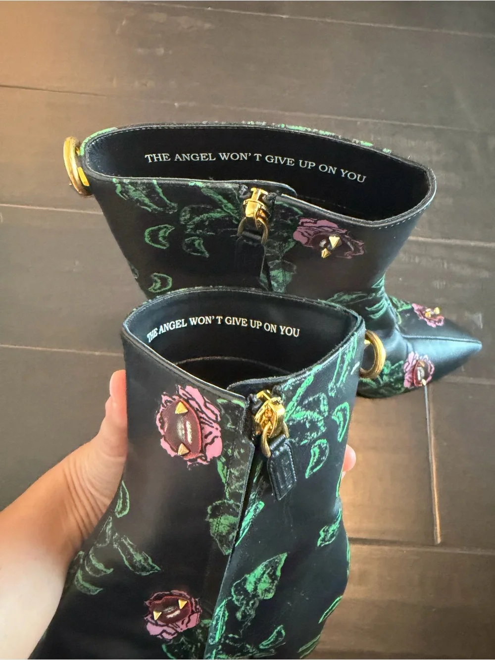 Valentino Garavani Black Ankle Boots with Pink Floral Print